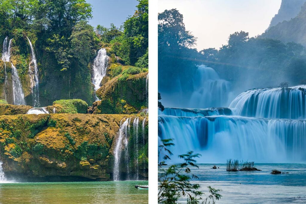 Ban Gioc Waterfall in northern Vietnam showing the difference between the dry season and rainy season, highlighting why the best time to visit Vietnam for waterfalls depends on rainfall