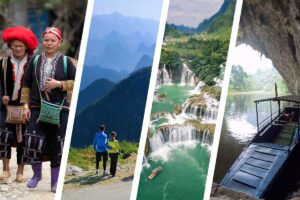 Ethnic minority culture in Sapa, mountain scenery in Ha Giang, the emerald cascades of Ban Gioc Waterfall, and boat rides on Ba Be Lake featured in a North Vietnam combo tour.
