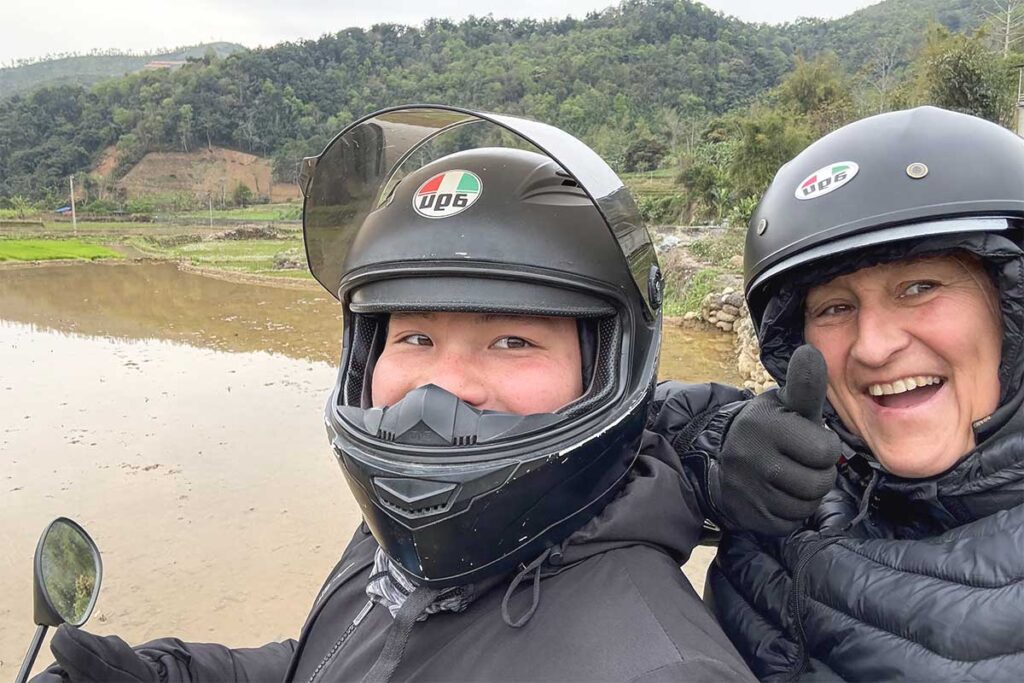Close-up of Easy Rider and tourist during Ha Giang Loop motorbike tour
