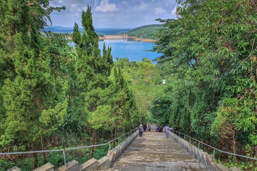 The long stairs of Bach Ma Zen Monastery seen from high up looking down