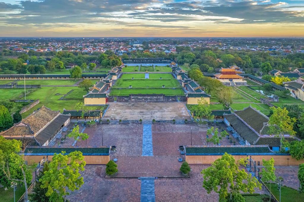 Aerial view over Can Chanh Palace what is left of it within the Forbidden Purple City in Hue Imperial City