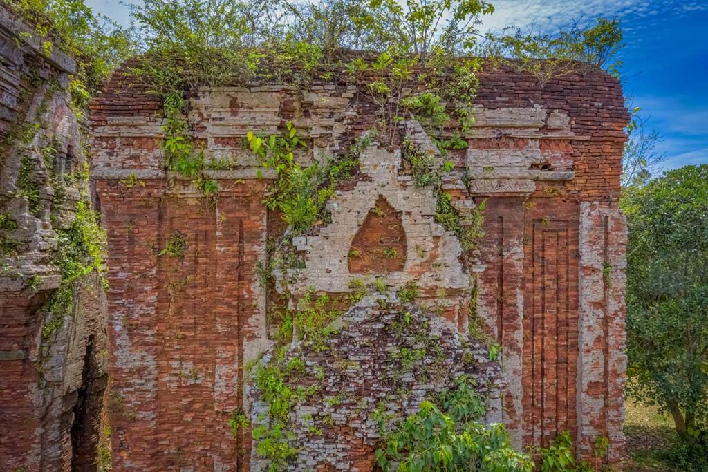 Close-up of ancient Cham tower wall covered with moss and plants at Chien Dan, Quang Nam
