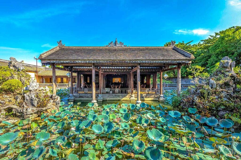 A lotus pond and Truong Du Pavilion within Dien Tho Palace and part of Hue Imperial Palace