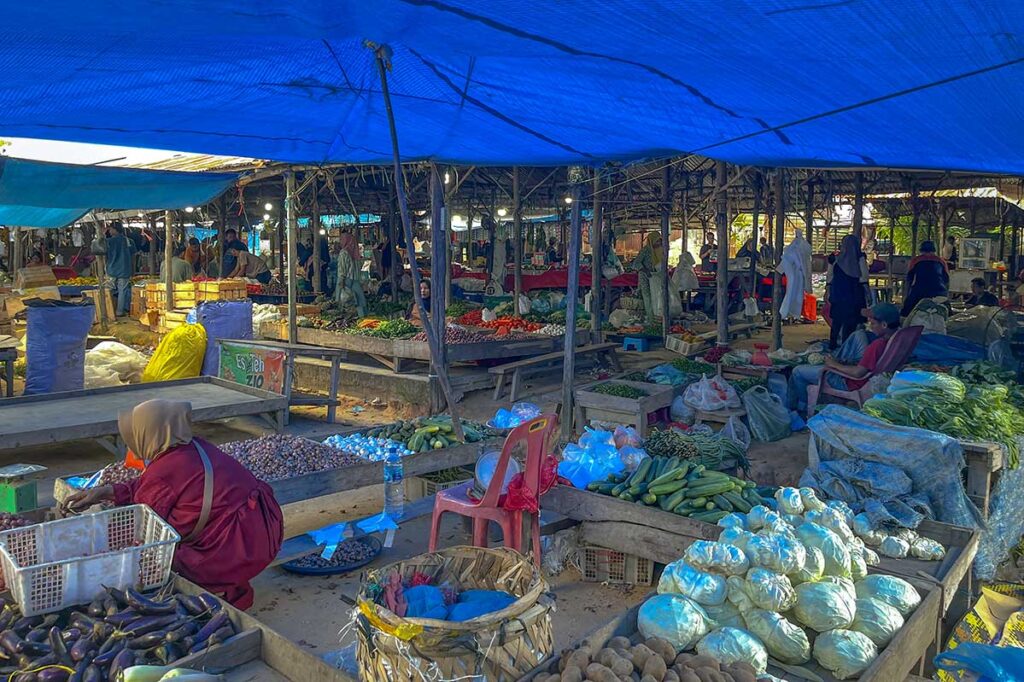 Fruit and vegetables being sold at the Dong Ba Market