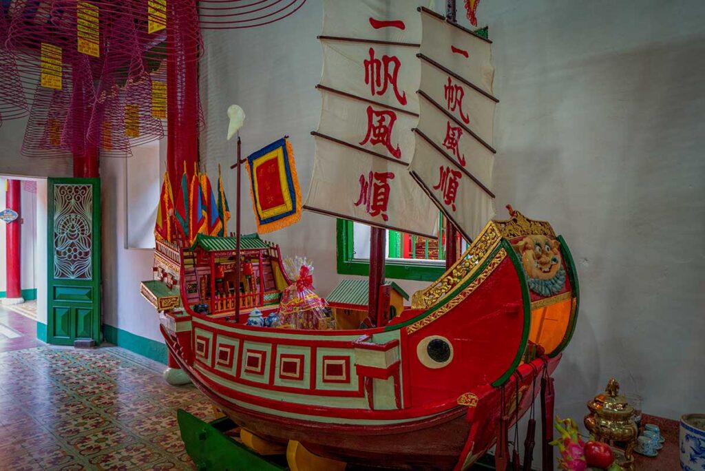 Model of a traditional Chinese sailing boat displayed inside the Fujian Assembly Hall in Hoi An.