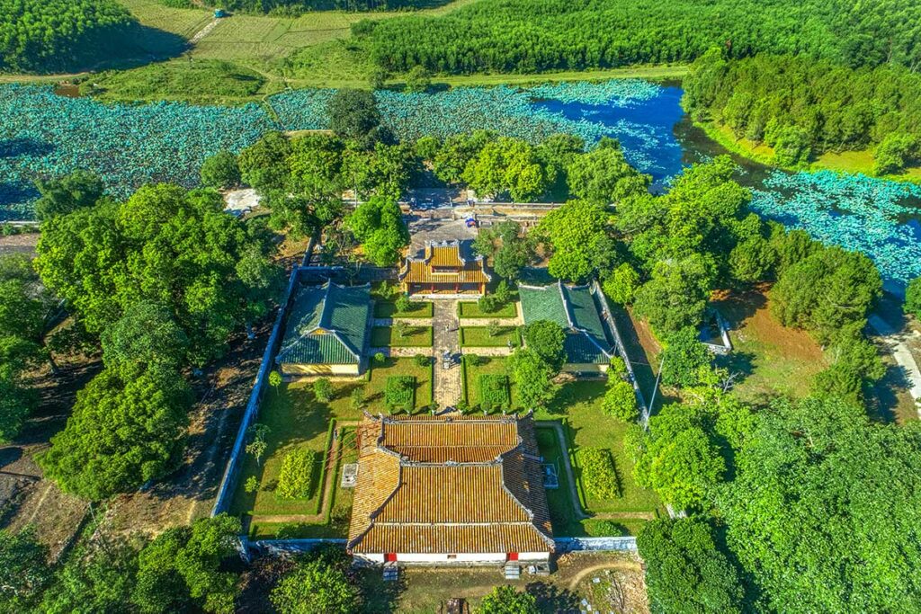 Aerial view over the small temple complex within Gia Long Tomb