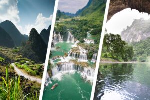 Scenic loop through Ha Giang’s karst mountains, Ban Gioc Waterfall, and Ba Be Lake shown together for a Ha Giang–Cao Bang–Ba Be tour in northern Vietnam.