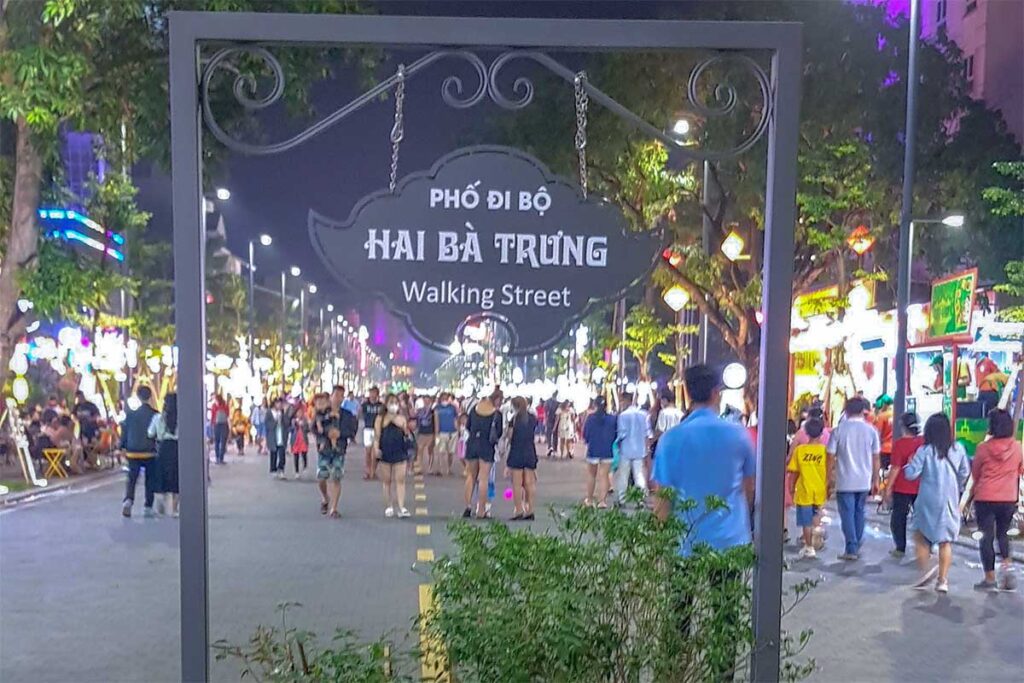 A sign indicating the start of Hai Ba Trung Walking Street in Hue