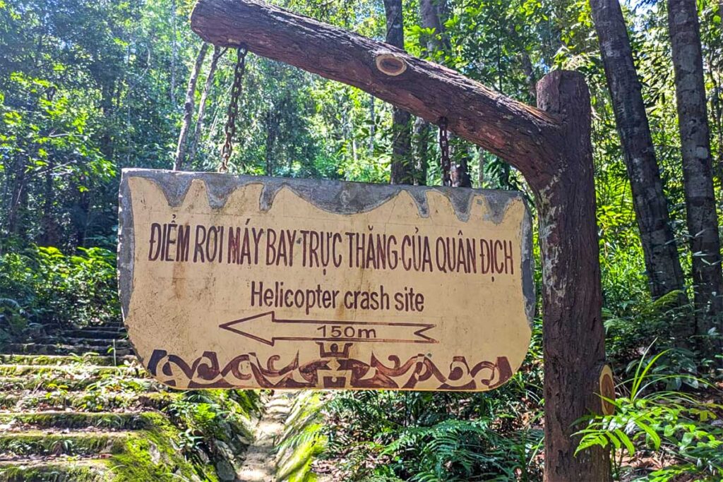 A sign indicating the location of Helicopter Crash Site on A Bia Mountain (Hamburger Hill)