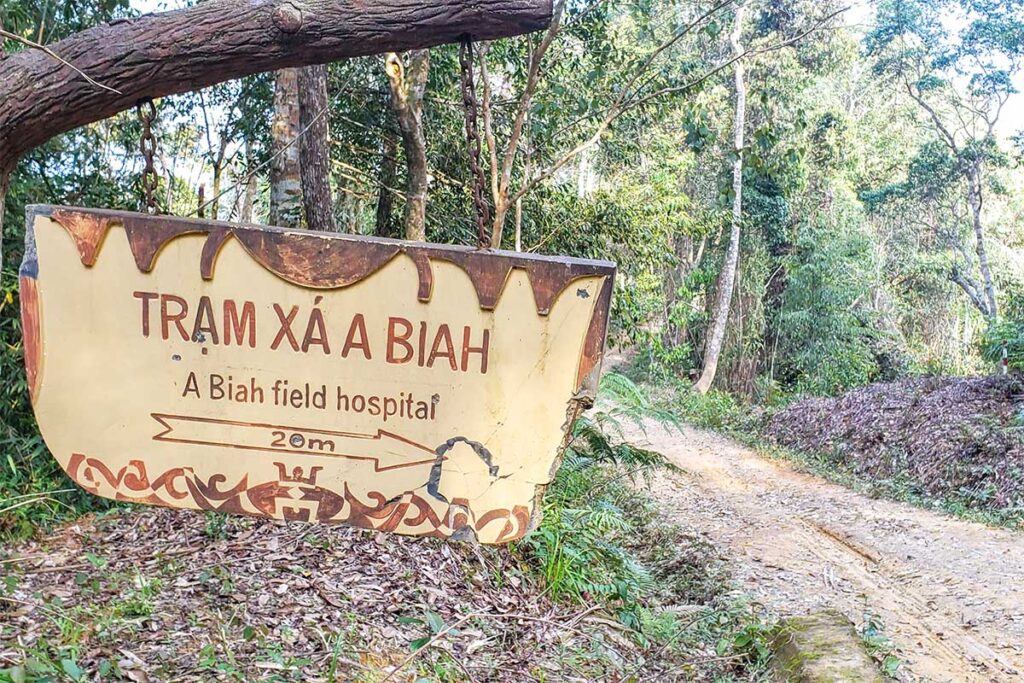 A sign indicating the location of A Biah Field Hospital on A Bia Mountain (Hamburger Hill)