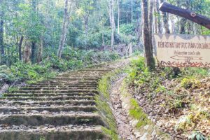 Stairs leading up to Hamburger Hill with a sign saying " Helicopter Crash Site"