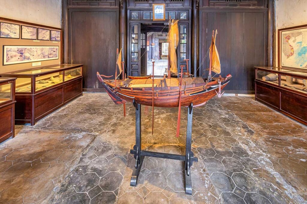 Model of traditional wooden trading ship inside Hoi An Museum of Trade Ceramics – representing vessels that once carried ceramics and goods along the maritime Silk Road.
