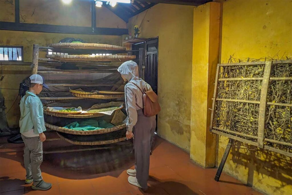 Visitors observing silkworm farming and cocoon production inside Hoi An Silk Village.