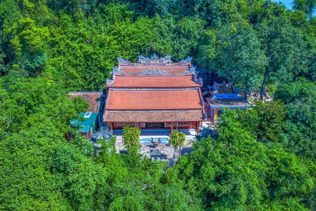 Aerial view of Hon Chen Temple hidden between the trees