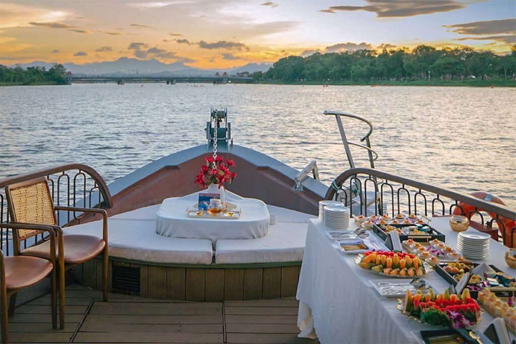 A fancy dinner on a small cruise on the Perfume River in Hue with buffet