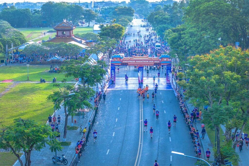 Aerial view of the finish line of Hue Marathon 2024