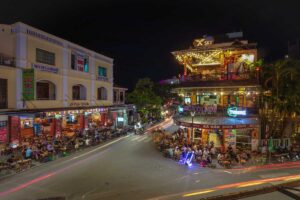 Bars full of people during nightlife in Hue