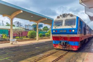 A train on the platform of Hue Railway Station