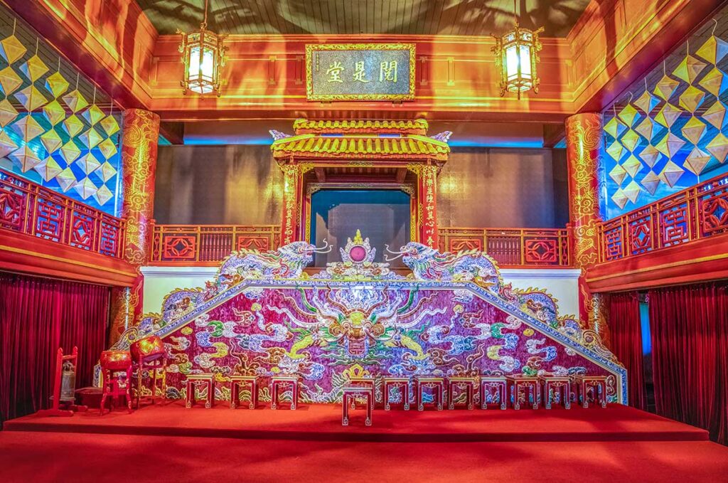 The stage and royal throne sitting area inside Duyet Thi Duong Hue Royal Theater part of Forbidden City