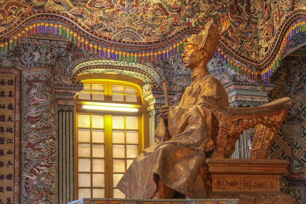Closeup view of statue of Emperor Khai Dinh in his tomb in Hue