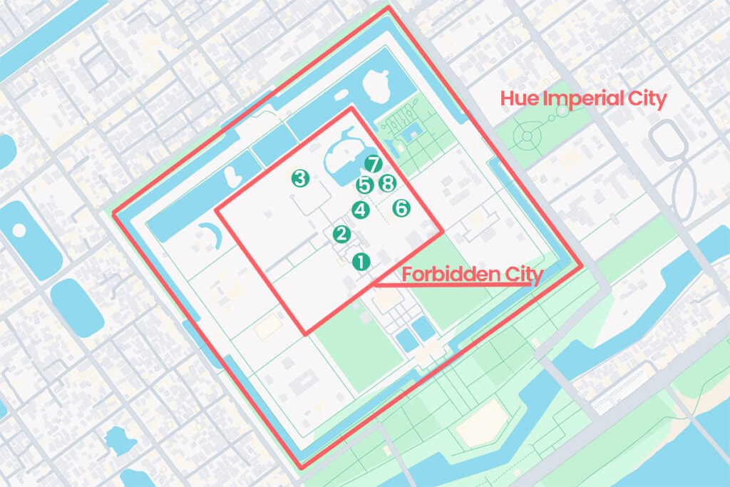 Map of Hue Forbidden Purple City highlighting the main buildings within this area