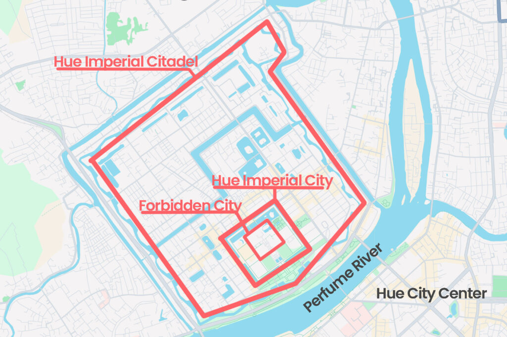 Map of Hue Imperial Citadel, showing clearly the outlines of the citadel, the Imperial City within and the Forbidden City