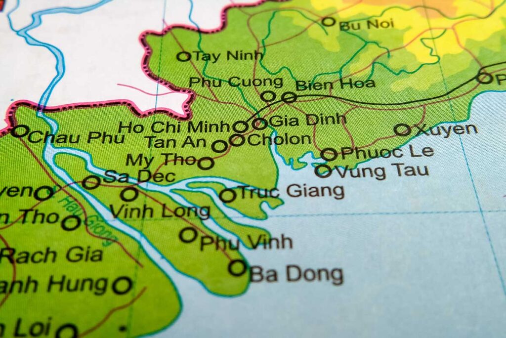 Close-up map of the Mekong Delta showing towns such as My Tho, Vinh Long, Sa Dec, Tan An and Chau Phu near Ho Chi Minh City. The map highlights the dense network of rivers and canals that define the region.