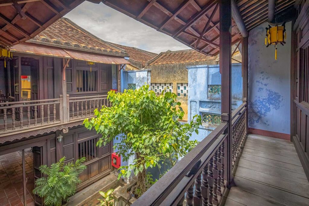 Balcony view at the Museum of Traditional Medicine in Hoi An overlooking the courtyard and surrounding historic houses