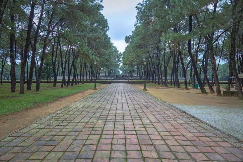A straight stone path leading through forest part of Nam Giao Esplanade in Hue