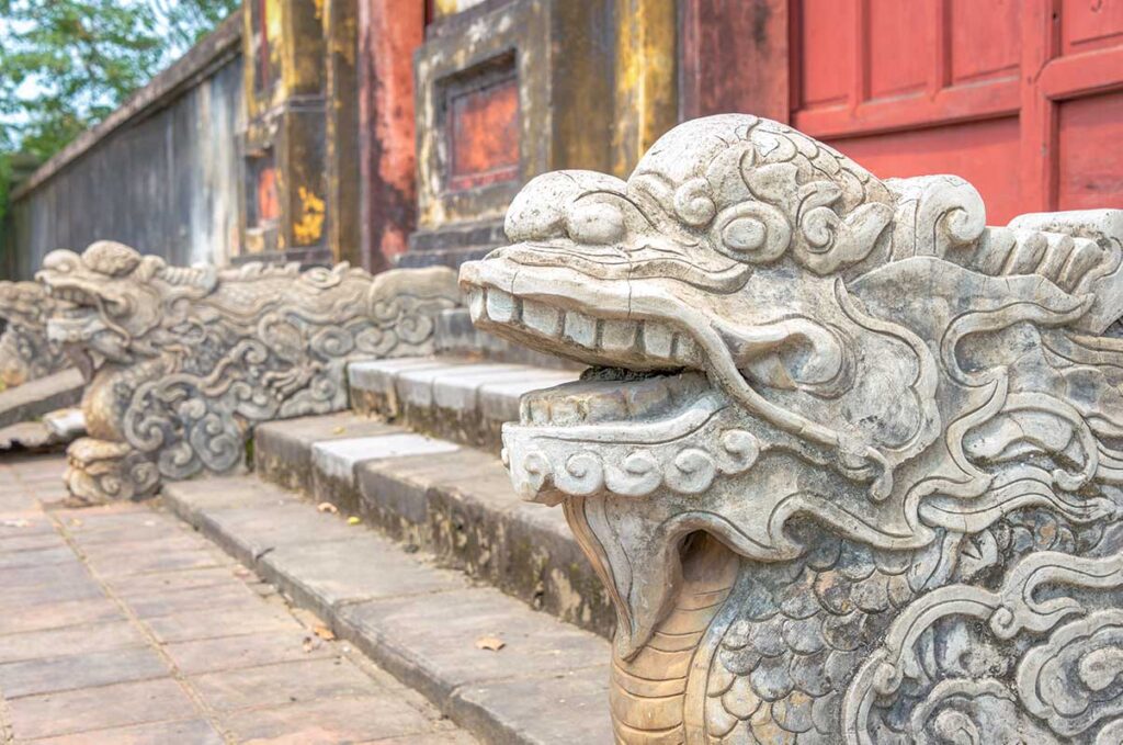 A closeup view of the stone dragon carvings part of the main gate of Nam Giao Esplanade