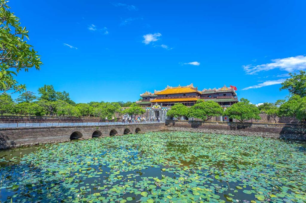 The Ngo Mon Gate of the Hue Imperial City viewed from inside (the back) with lotus pond near the palace