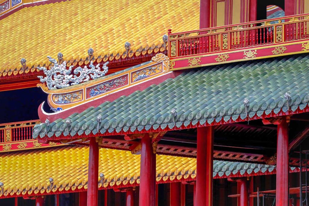 Closeup view of the roof and beams above the Ngo Mon Gate