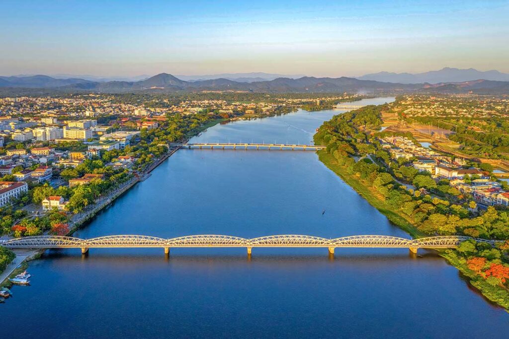 Aerial view of the Perfume River in Hue with two important bridges connecting the city center with the old ancient part of the city