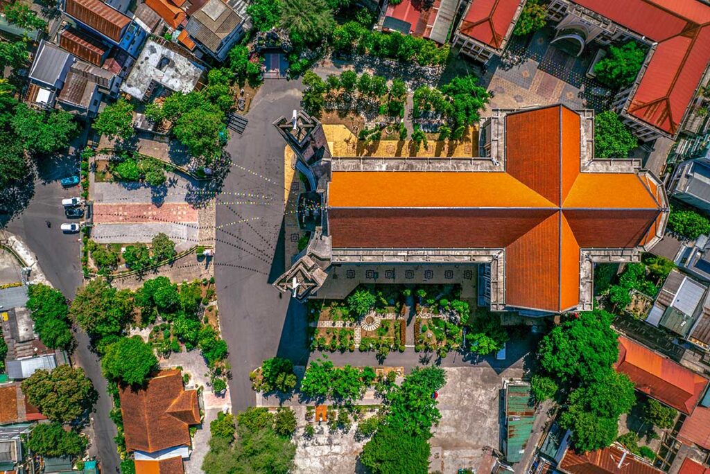 Top aerial view of Phu Cam Cathedral in Hue