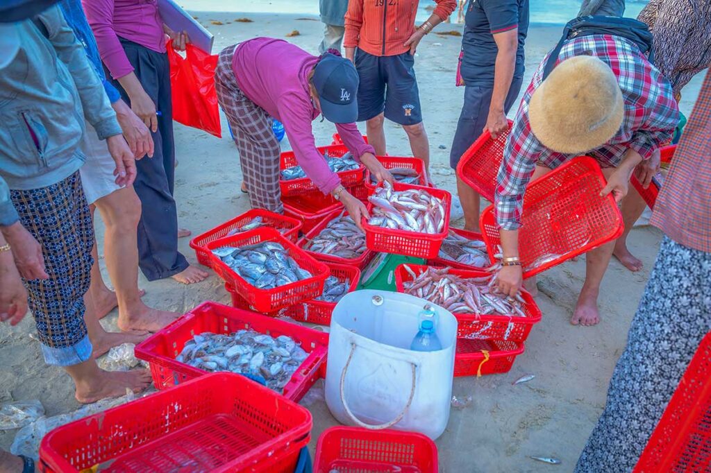 Women in conical hats bargaining over baskets of fresh squid and fish at the lively Tam Tien Beach fish market.