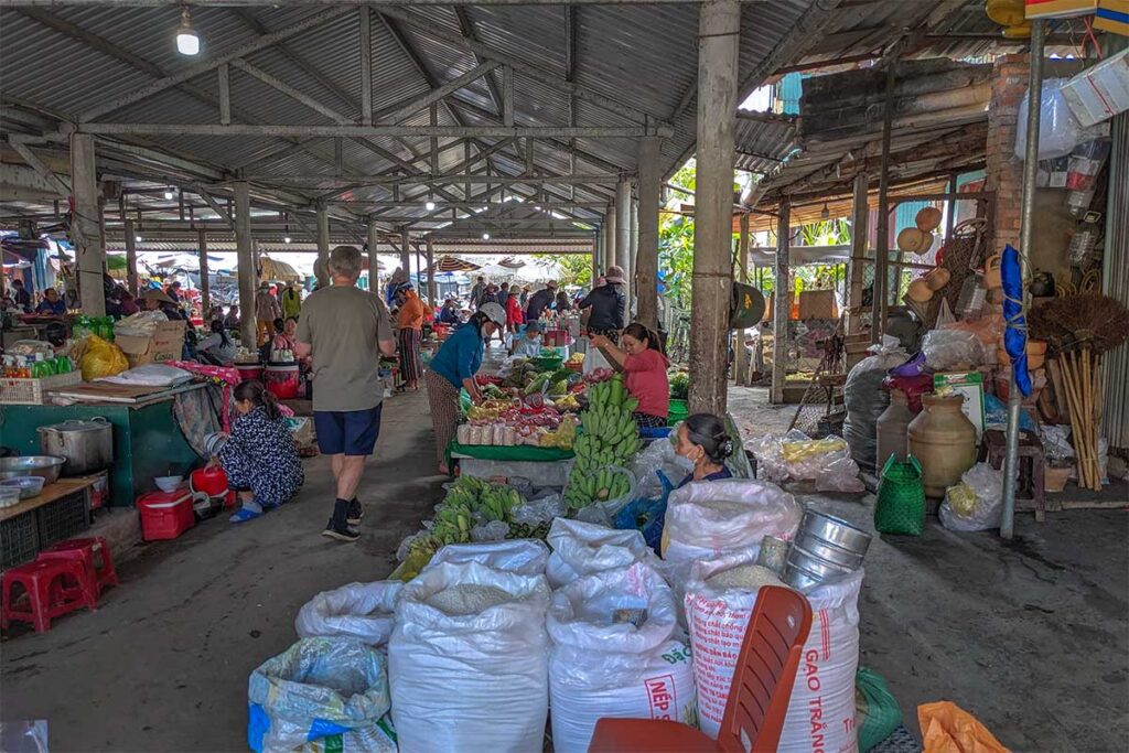 A tourist walking through the very local Thanh Toan Market were sellers selling vegetables, fruits and other local produce
