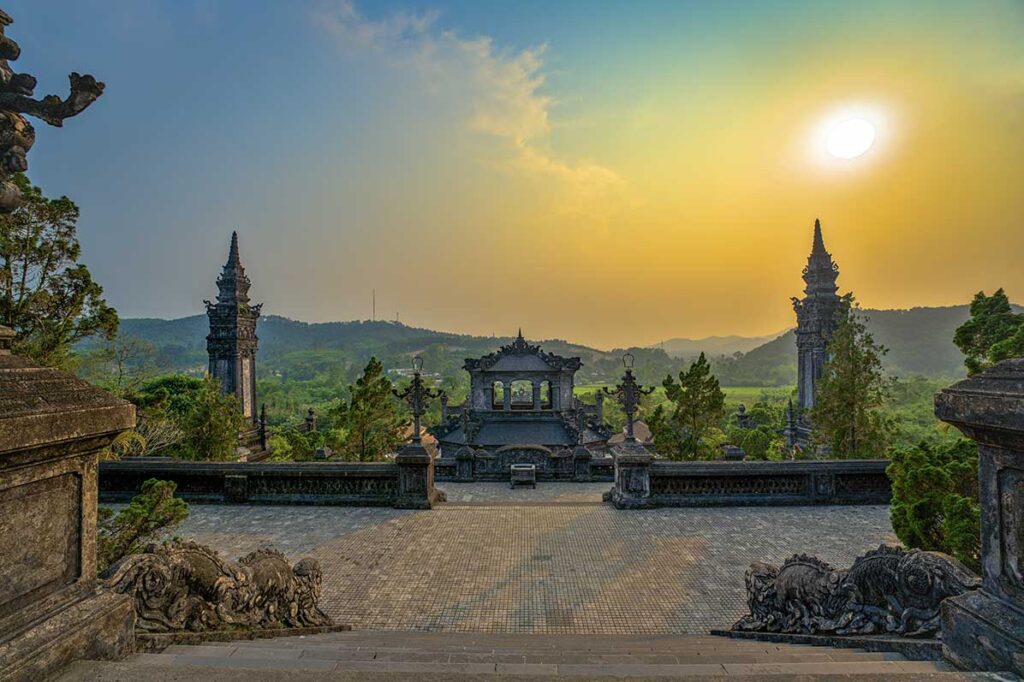 Panoramic views from the upper terrace during sunset at Khai Dinh Mausoleum 
