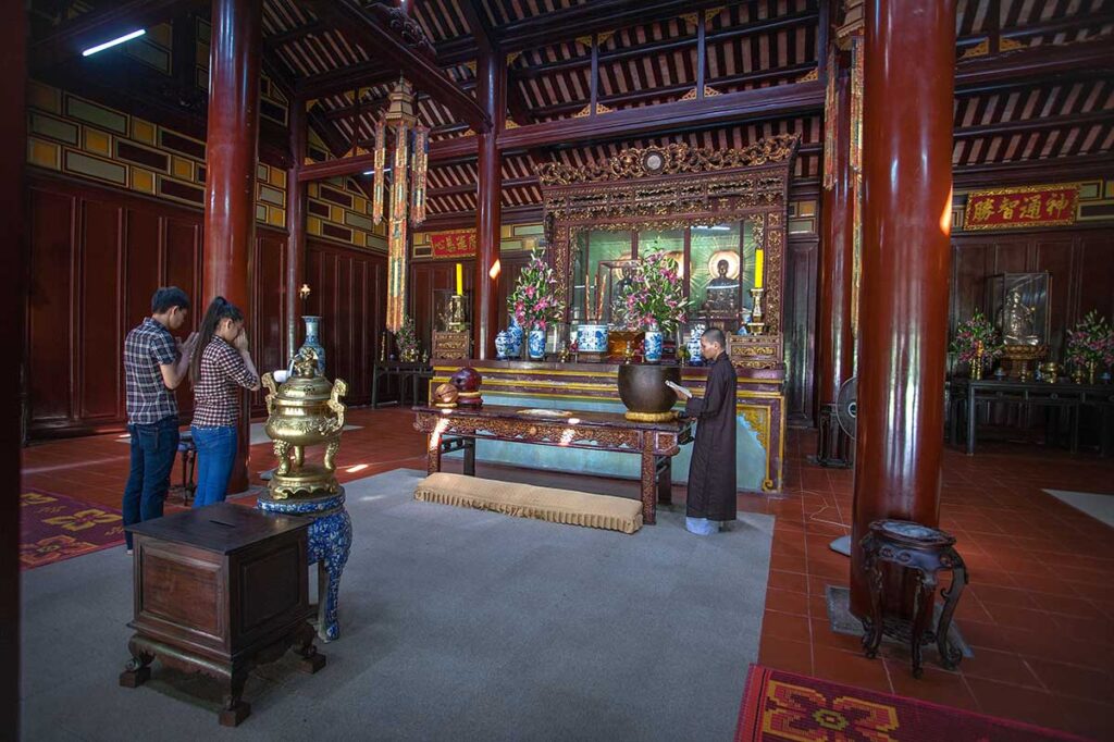 Inside the praying hall of Thien Mu Pagoda