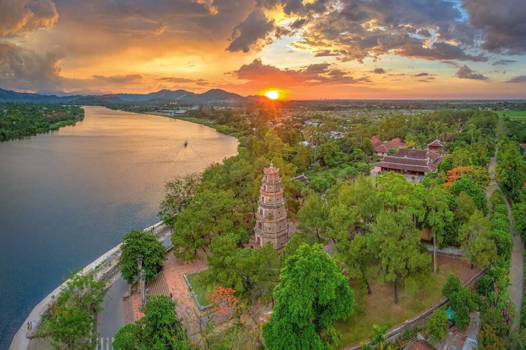 Aerial view of Thien Mu Pagoda during sunset
