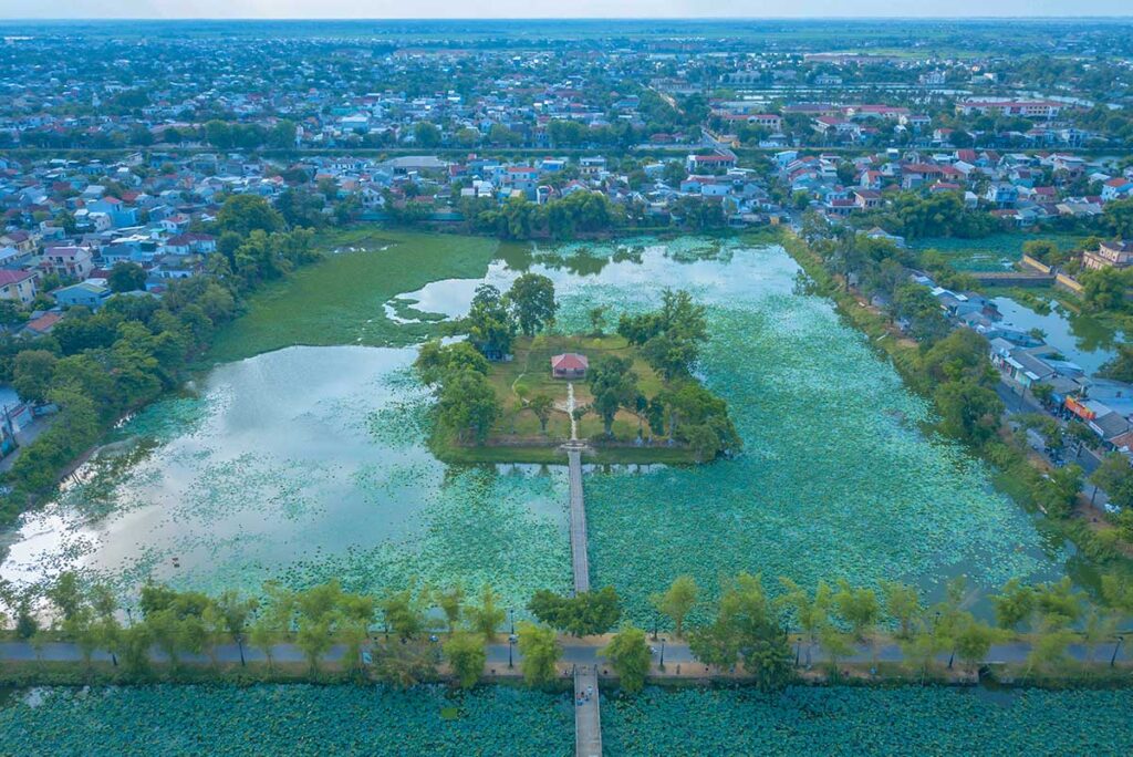Aerial view of the square Tinh Tam Lake, with square island in the middle