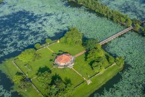Tinh Tam Lake with square island seen from drone view