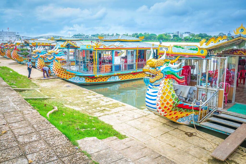 Dragon boats docked at Toa Kham Wharf in Hue