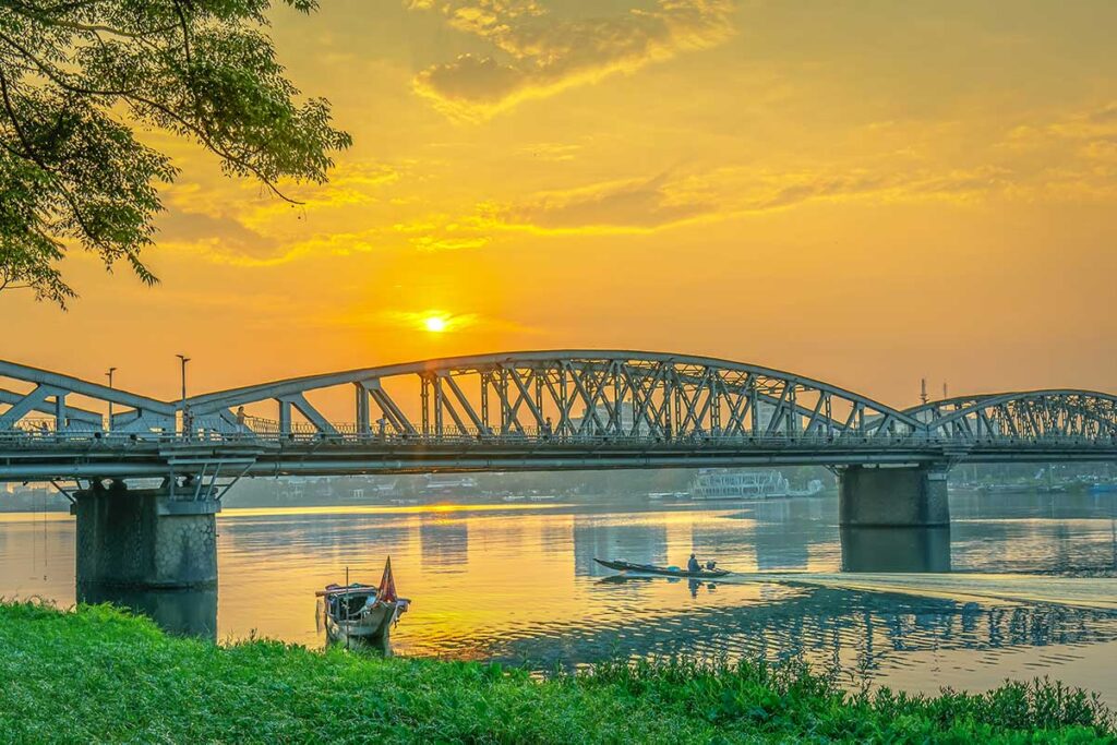 Trang Tien Bridge and the Perfume River with beautiful sunset in the background