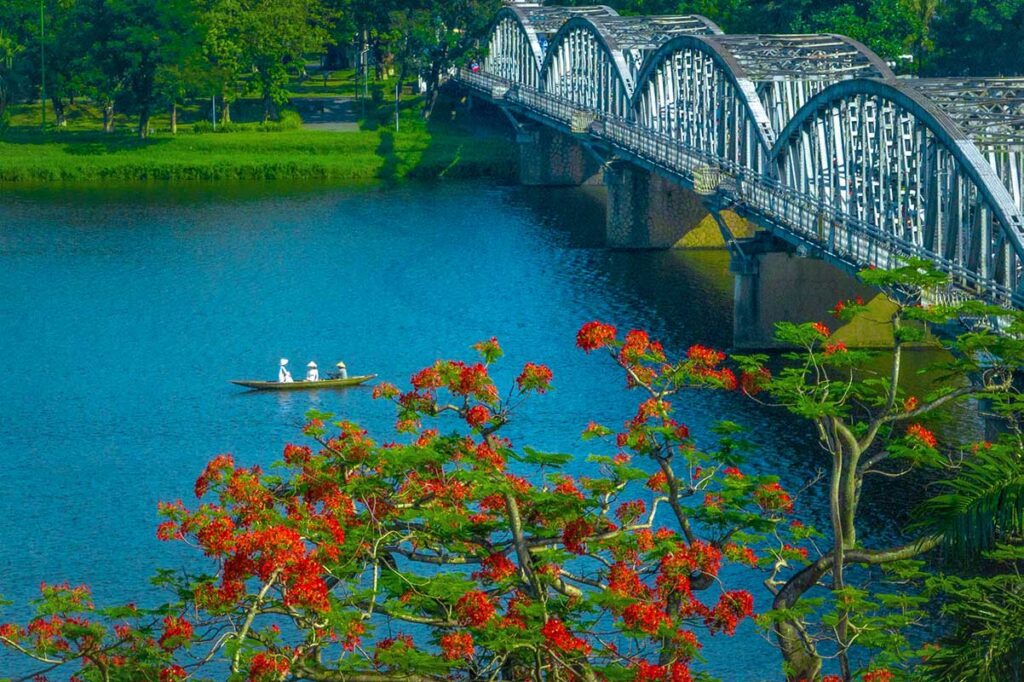 Trees with flowers growing along the Perfume River in Hue 