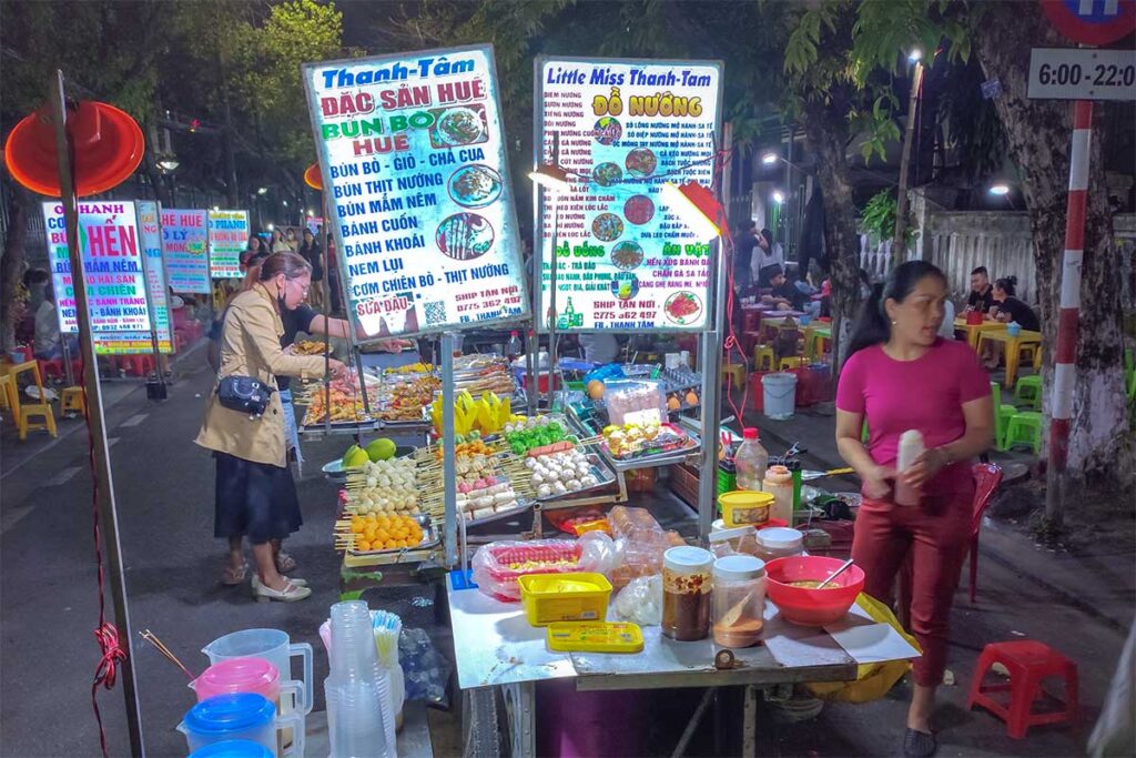 A few stalls at Truong Dinh Food Street in the late evening - one of the night markets in Hue