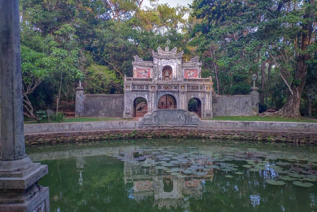 The main gate with lotus pond within Tu Hieu Pagoda in Hue