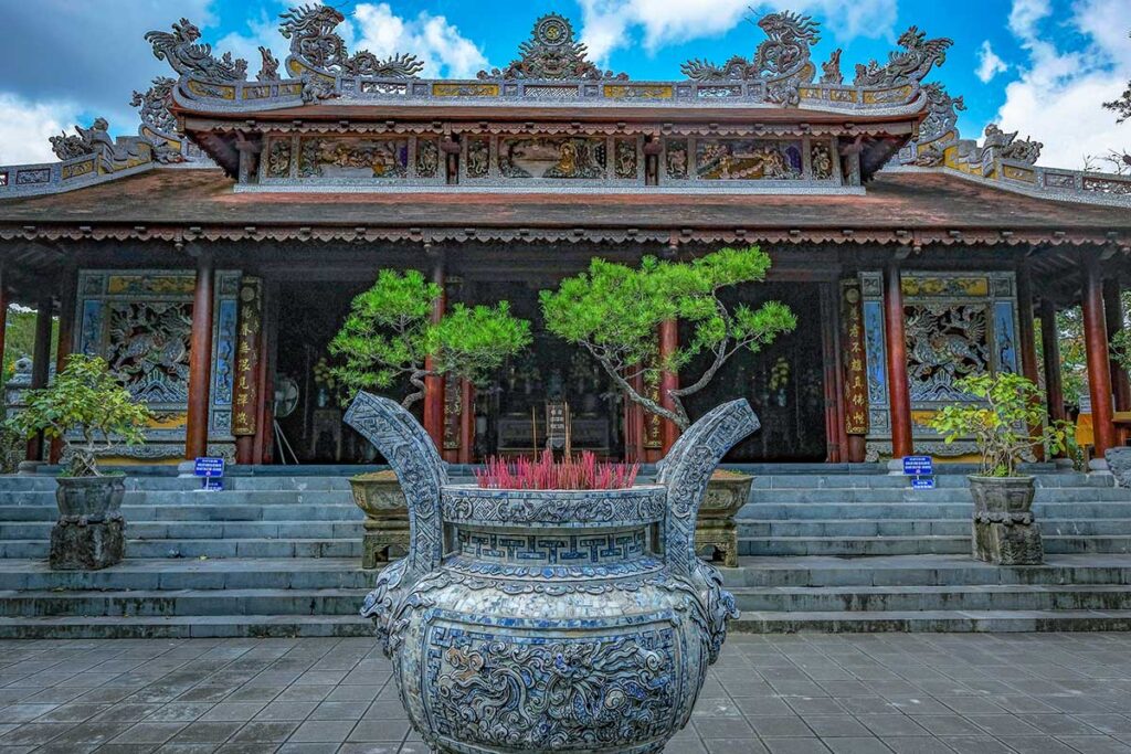 Incense burner in front of the main temple hall of Tu Hieu Pagoda