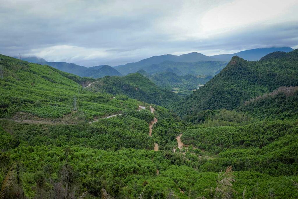 Panoramic view over the Ho Chi Minh Trail winding through lush green mountains, highlighting the remote and scenic landscape of Vietnam