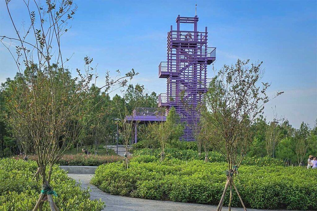 A pink steel tower on Vong Canh Hill