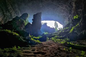The interior of Bat Cave in Pu Luong with light coming from the opening